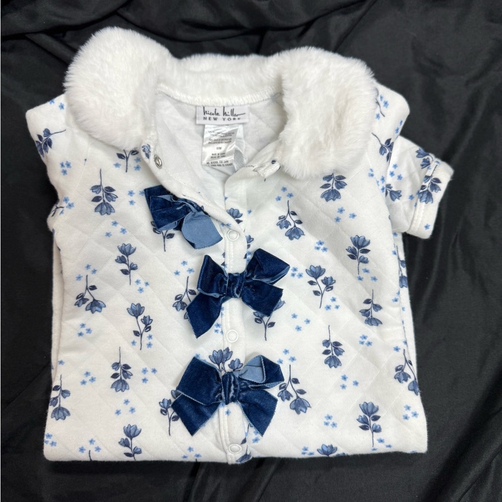 NWOT Nicole Miller Floral White and Blue Baby Footie with Bows